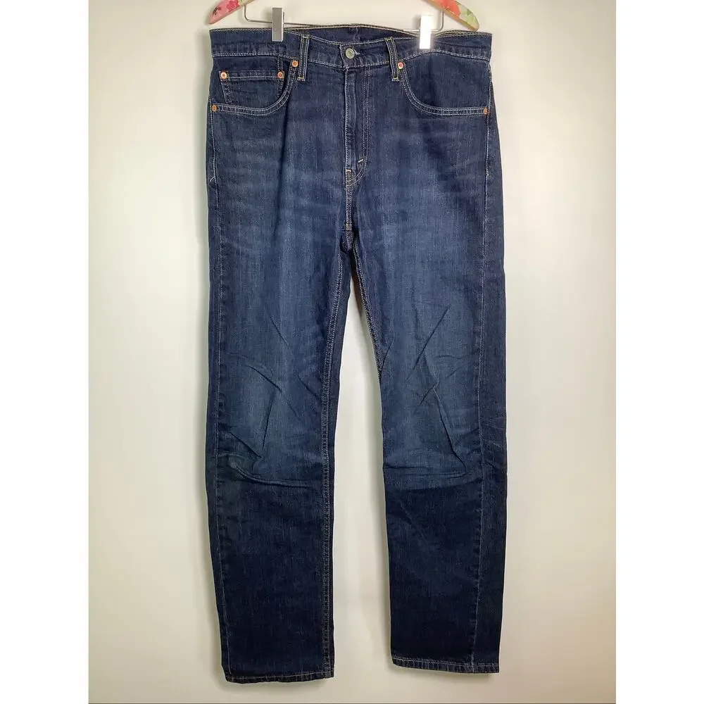 Levis Mens 34x34 Dark Wash 505 Regular Fit Straight Leg Jeans Work Casual T4-4